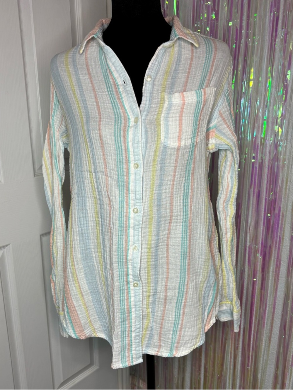 St. John's Bay Pastel Striped White Cotton Top Relaxed Fit Crinkle Cotton